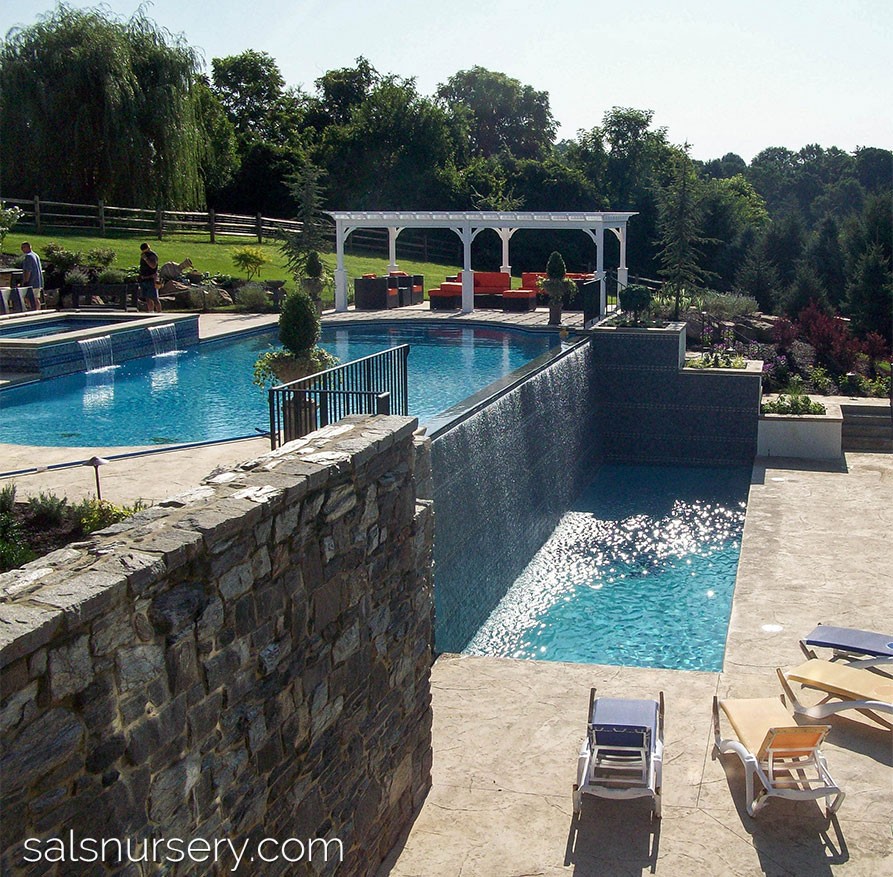 Infinity pool with masonry, landscaping, and seating