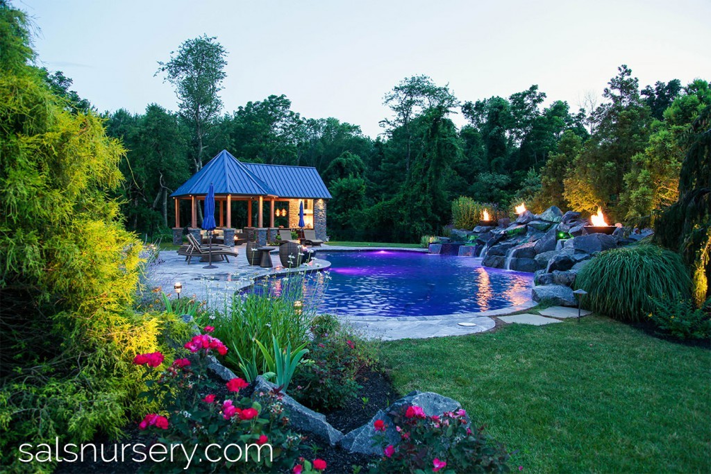 Pool with outdoor lighting and fire torches
