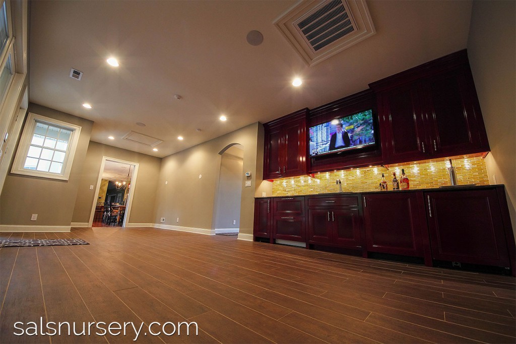 Wet Bar with cherry cabinets, accent lighting, and TV