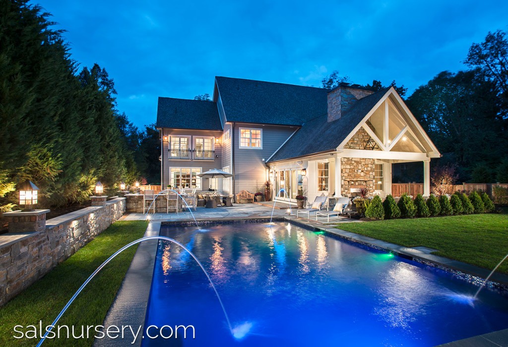 Large pool with outdoor kitchen and covered patio