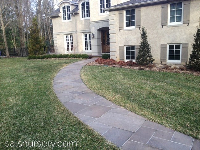 Front of a house with walkway, grooming, and new landscaping